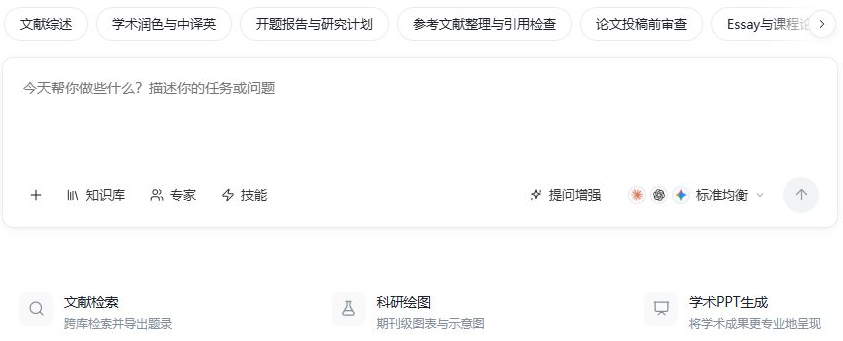 工作模式首页的任务输入区：上方是常用任务标签，输入区下方有知识库、专家、技能、提问增强和模型选择，再往下是文献检索、科研绘图、学术 PPT 生成入口